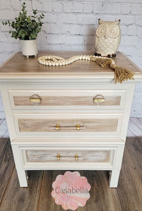 Cream Colored Nightstands, White And Gold Dresser Diy, Night Stand Furniture Flip, Cream Upcycled Furniture, Three Drawer Nightstand Makeover, Night Stand Upcycle, Cream Dressers Bedroom, Night Stand Color Ideas, Decoupage Dresser Ideas