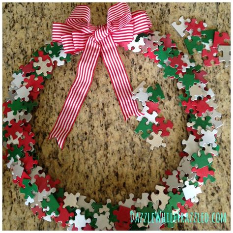 Leftover Puzzle Pieces? Make a Holiday Themed Wreath Puzzle Piece Crafts, Homemade Wreaths, Egg Cartons, Egg Carton Crafts, Puzzle Crafts, Christmas Decorations Wreaths, Xmas Wreaths, Wreath Making, Puzzle Piece