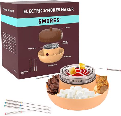 SMORES Tabletop Indoor S'mores Maker - Electric Flameless Smores Maker with Lid - Smores Kit - 4 Compartment Trays and 4 Forks Smore Kit, Gifts For New House, Smores Kit, Smores Maker, Smores Kits, Movie Night Gift Basket, Marshmallow Roasting Sticks, Donut Dessert, Fondue Pot