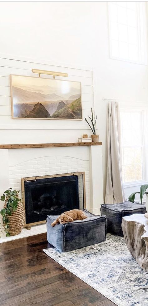 White Brick Fireplace With Wood Mantle Built Ins, Stone Fireplace With Hearth, Floating Fireplace Mantle, Fireplace With Hearth, Condo Fireplace, Surface Styling, Wood Mantle Fireplace, White Mantle, Fireplace Makeovers