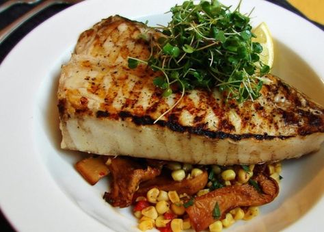 Grilled Halibut Steaks with Corn and Chanterelles Halibut Steak Recipe, Halibut Steaks, Grilled Halibut Recipes, Chanterelle Recipes, Best Mushroom Recipe, Roasted Halibut, Chef John Recipes, Grilled Halibut, Corn Relish