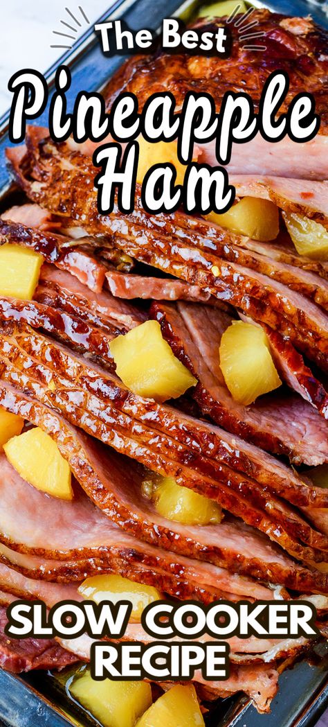 Slow Cooker Ham is a classic and iconic meal, yet this is THE BEST variation on this recipe. Here is my go-to for the best SLOW COOKER BROWN SUGAR PINEAPPLE HAM ever, easy to make with just 5 ingredients - and so delicious! #slowcookerham #hamrecipe #slowcooker #pineappleham #slowcookerpineappleham #holidayham #easyrecipe #hamdinner #slowcookerrecipe How To Cook A Ham With Pineapple, Ham And Pineapple Crockpot, Crockpot Ham And Pineapple Recipes, Brown Sugar Pineapple Ham Crock Pots, Slow Cooker Recipes Thanksgiving, Thanksgiving Recipes Slow Cooker, Easy Thanksgiving Meals, Ham Recipes Pineapple, Crockpot Recipes Ham