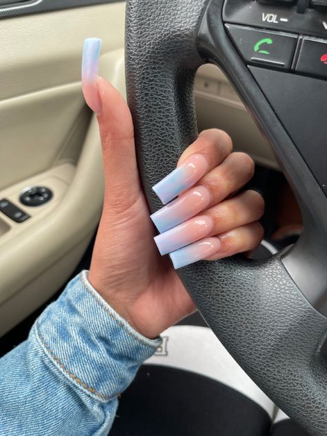 Medium Ombré Nails, Medium Square Acrylic Nails Designs Ombre, Tapered Square Ombre Nails, Blue Fade Nails Acrylic, Blue Ombre Nails Square, Ombré Light Blue Nails, Blue Nail Sets Acrylic, Baby Blue Short Square Nails, Ombré Nails Blue