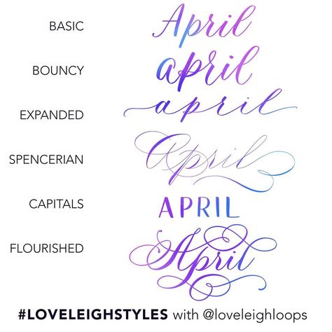 Jillian & Jordan | Calligraphy on Instagram: “Happy April! Which one of these styles looks the most “April” to you? Follow #loveleighstyles for dozens more word examples 😍 .…” April Lettering, April Calligraphy, Calligraphy Writing Styles, Ipad Calligraphy, Calligraphy Letters Alphabet, Flourish Calligraphy, Hand Lettering Worksheet, Happy April, Cursive Calligraphy