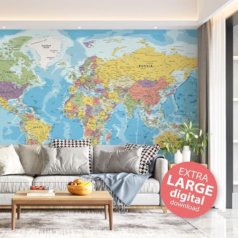 We are pleased to present you with our one of our most popular World Map! Digital XXL full color World Map with countries - Printable large World Map Poster | Detailed Map of the World | Political World Map Download This high resolution printable world map is ideal for posters, wallpapers, murals and other prints. #Mapoftheworld #Digital #Download #Printable #WorldMap #Childrenroom #Wallart #Poster #paperanniversarygift #worldmap #wallmap #pushpinmap #mapoftheworld #printableart #digitalpr... 3d World Map, World Map Photo, 3d Living Room, Playroom Wallpaper, Map Wall Mural, 3d World, World Map Wallpaper, Floor Wallpaper, Photo Mural