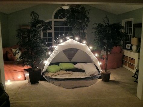 Date Night Idea! Camp In! I set up the tent inside, started a fire, and had s'more ingredients ready to go. It was very romantic. I also put a note in his car that morning inviting him to the camp out! Tent Inside House, Tent Inside, Ideas For Your Boyfriend, Romantic Camping, Birthday Decorations For Men, Birthday Presents For Men, Indoor Camping, Diy Anniversary Gift, Homemade Anniversary Gifts