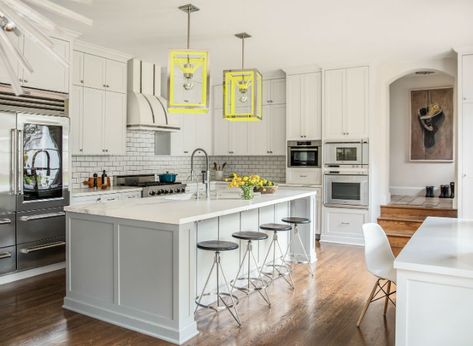 grey kitchen with fluo yellow lights Galley Kitchen With Peninsula, Kitchen With Peninsula, Dennis Miller, Wolf Range, Transitional Kitchen Design, Lindsey Adelman, Kitchen Peninsula, Galley Kitchen Remodel, White Shaker Cabinets