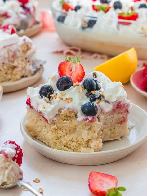 Lemon Berry Tres Leches Cake (Vegan Gluten-Free) - Nourishing Amy Gluten Free Tres Leches Cake, Gluten Free Tres Leches, Vegan Tres Leches Cake, Condensed Coconut Milk, Milk Dessert, Leches Cake, Summer Baking, Pistachio Cake, Berry Jam