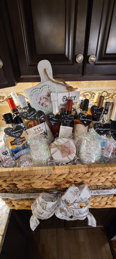 Liquor Basket, Milestone Wine, Bride And Groom Gifts, Wine And Liquor, Groom Gift, Gift Basket, Milestones, Gift Baskets, Bride Groom