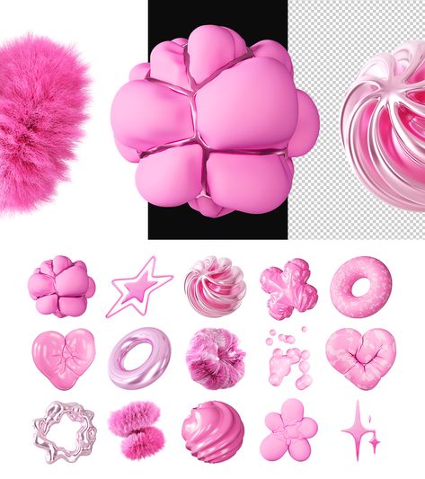 Abstract 3D pink textured shapes and forms. Cute heart, star, fur, and doodle objects in trendy modern style. Abstract Forms Design, Trendy Design Graphic, Doodle Objects, Abstract 3d Design, 3d Forms, Cute Shapes, Heart 3d, Shapes And Forms, Graphic Design Images