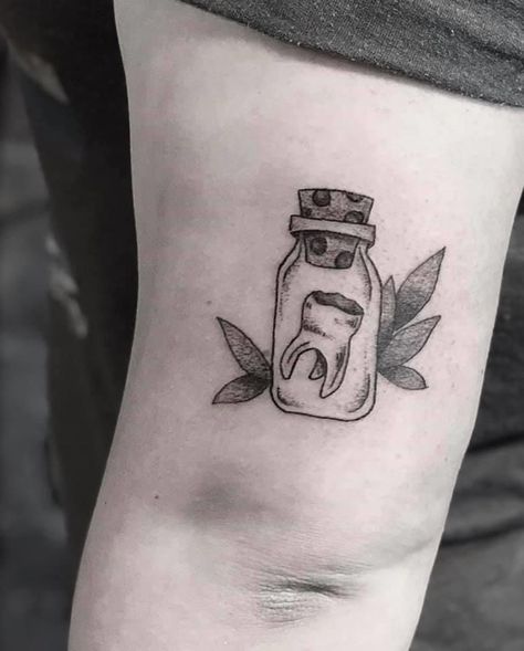 Tooth Jar Tattoo, Cat Tooth Tattoo, Tooth Fairy Tattoo Ideas, Cute Tooth Tattoo, Jar Of Teeth Tattoo, Wisdom Tooth Tattoo, Sweet Tooth Tattoo, Tooth Fairy Tattoo, Dental Tattoo Ideas