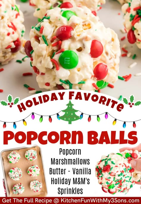 Christmas Popcorn Balls, Popcorn Balls Recipe, Popcorn Recipes Easy, Holiday Popcorn, Marshmallow Popcorn, Christmas Popcorn, Snow Balls, Christmas Food Treats, Popcorn Treats