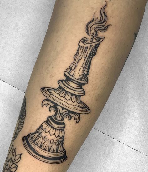 Taper Candle Tattoo, Vintage Hourglass Tattoo, Arsenic Tattoo, Stained Glass Lamp Tattoo, Garden Song Tattoo, Gothic Arch Tattoo, Witchy Candle Tattoo, Candle Holder Tattoo, Candle Burning At Both Ends Tattoo