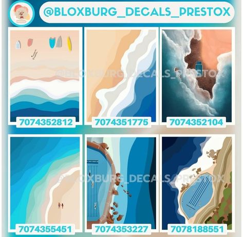 Summer Decals Berry Ave, Beach Bloxburg House Ideas, Beach House Decor Bloxburg, Bloxburg Picture Codes Costal, Bloxburg Beach Painting Codes, Roblox Beach House, Bloxburg Beach Picture Codes, Surf Bored Decal Bloxburg, Bloxburg Surfboard Decal Code