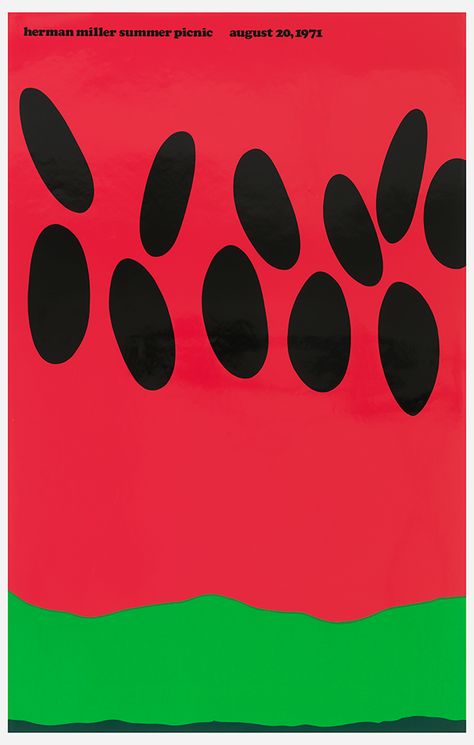 Few things say “summer is here” like watermelon. Its bright colors and refreshing taste go hand-in-hand with summer picnics and poolside snacking. This poster, depicting a zoomed-in view of a watermelon, was designed by American graphic designer Stephen Frykholm to promote the Herman Miller Furniture Company’s 1971 summer picnic. When he started at Herman Miller in 1970, Frykholm was asked to create a poster for the company’s annual summer picnic. He was familiar with screen printing (a ... Picnic Poster, Watermelon Illustration, Herman Miller Furniture, Watermelon Art, Cooler Painting, Watermelon Summer, Summer Poster, Tech Info, Modernist Design