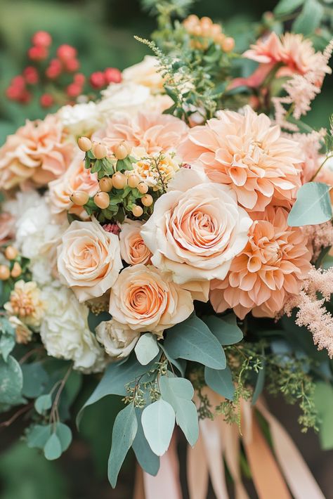 70+ Peach Wedding Bouquets That Are Sweet and Sophisticated | Matched Hearts Sage Green And Peach Wedding, Green Peach Wedding, Peach And Sage Wedding, Wedding Florals Fall, Peach Wedding Decorations, Peach Wedding Colors, Peach Wedding Bouquet, Orange Bridal Bouquet, Dark Green Wedding