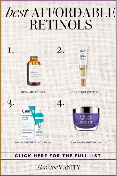 Starting a tretinoin or retinol skincare routine does not have to be expensive and you don't need a prescription to start getting retinol benefits. Try these affordable retinol products from the drugstore and start seeing the best skin care results now! Glowing skin guaranteed! Best Drugstore Retinol, Affordable Retinol, Retinol Skincare Routine, Drugstore Retinol, Benefits Of Retinol, Retinol Benefits, Best Retinol Cream, Retinol Products, Retinol Skincare