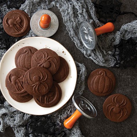 Spooky Chocolate Stamped Cookies - Nordic Ware Stamped Cookies, Cookies Shop, Halloween Sweet Treats, Bee Cookies, Halloween Sprinkles, Chocolate Transfer Sheets, Halloween Sweets, Festive Cookies, Halloween Cookie