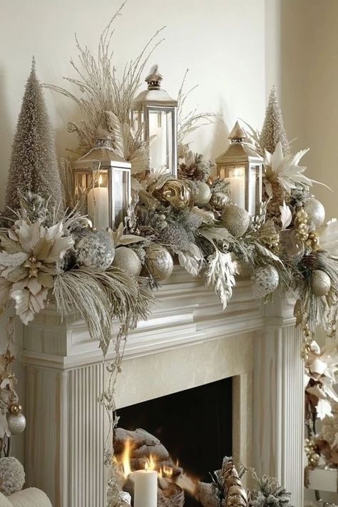 Outdoor Christmas Decoration Ideas, Outdoor Decoration Ideas, Christmas Fireplace Mantels, Luxury Christmas Decor, Mantel Decor Ideas, Christmas Mantel Decor, Christmas Tree Decorating Themes, Christmas Mantle Decor, Glam Christmas