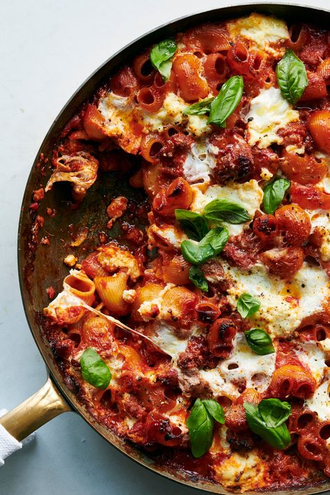 Cheesy Baked Pasta With Sausage and Ricotta Recipe - NYT Cooking Baked Pasta With Sausage, Cheesy Baked Pasta, Short Rib Stew, Sausage Pasta Bake, Ricotta Recipe, Sausage Lasagna, Skillet Lasagna, Pasta With Sausage, Ricotta Recipes