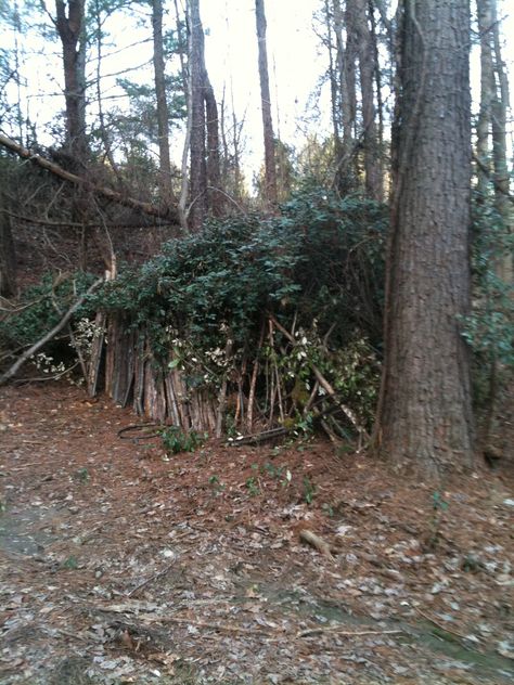 Fort in the woods Fort In The Woods Diy, Forts Outside, Fort In The Woods, How To Make Forts, Woods Hangout Spot, Wooden Fort, Outdoor Forts, Cool Forts, Cubby Ideas