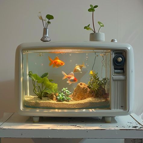 Aquarium Aesthetic Home, Fish Tank Inspiration, Fish Tank In Room, Goldfish Tank Aesthetic, Peceras Aesthetic, Home Aquarium Aesthetic, Goldfish Decor, Aquarium Bedroom, Juminocore Room