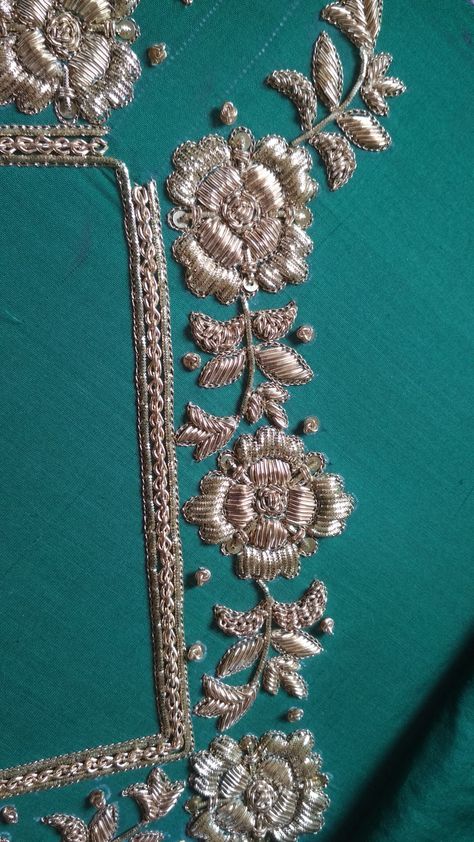 Chain Work Embroidery, Zardosi Chain Stitch Design, Zardosi Flower Design, Zardozi Embroidery Designs Border, Simple Zardosi Work Designs, Zardosi Flower, Zardosi Border, Rose Embroidery Pattern, Gold Work Embroidery