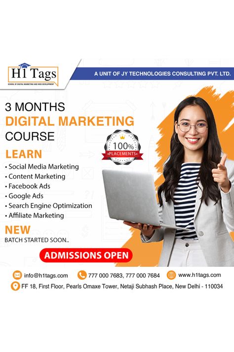 Are you looking to advance your career in digital marketing? If so, enrolling in a reputable institution like H1 Tags Institute can be a game-changer. H1 Tags Institute can help you achieve your digital marketing career goals. Digital Marketing Career, Marketing Career, Digital Marketing Institute, Social Media Marketing Content, Career Goals, Facebook Ad, Marketing Courses, Google Ads, Facebook Marketing