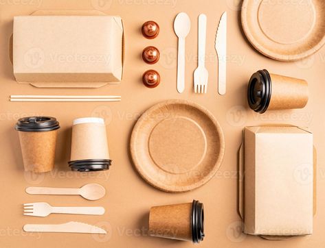 Eco friendly disposable tableware on brown background Tableware Photography, Content Creating, Food Package, Dog Cafe, Plastic Ware, Creative Stuff, Compostable Packaging, Graphic Design Trends, Photo Style