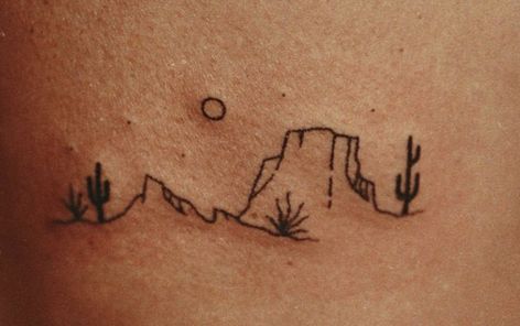 Canyon Tattoo Ideas, Rock Climbing Tattoos, Cactus And Hummingbird Tattoo, Arizona Skyline Tattoo, Desert Sky Tattoo, Southwest Tattoo Ideas, Desert Inspired Tattoos, Western Outline Tattoo, Fine Line Desert Tattoo