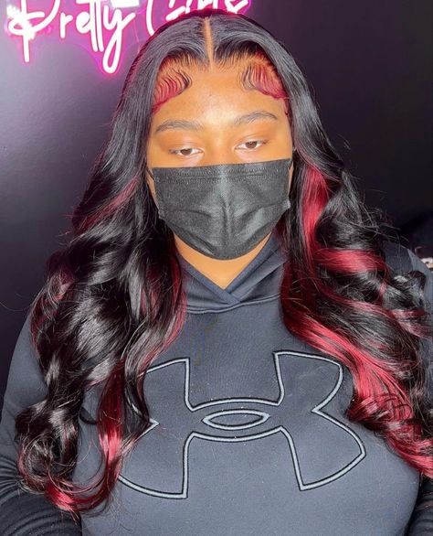 Black Wigs With Red Highlights, Black And Red Quick Weave, Wig With Red Highlights, Red And Black Quick Weave, Black Hair With Red Highlights, Black Girls Hairstyles Weave, Sweet 16 Outfits, Middle Part Hairstyles, Blonde Lace Front Wigs