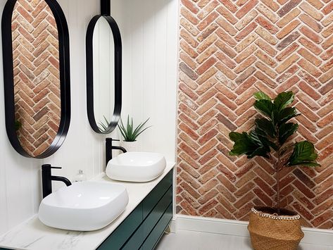 Olde Bayswater - Bathroom - Brick Slips Teal And Terracotta Bathroom, Terracotta Bathroom Walls, British Office, His And Hers Bathroom, Brick Slips, Teal Bathroom, Spa Bathroom, Pin Legs, Flat Decor