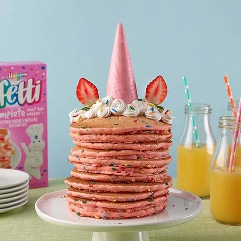 Unicorn Pancakes, Birthday Pancakes, Buttermilk Pancake, Buttermilk Pancake Mix, Rainbows And Unicorns, Strawberry Frosting, Pancake Stack, Ingredient Labels, Waffle Cone