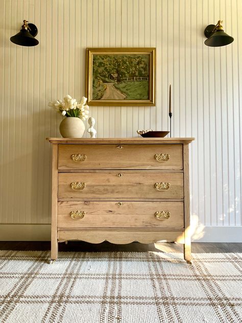 *SOLD!* *Message me if you would like a similar raw wood dresser for a custom order.  This primitive dresser is sold! This raw wood dresser has been restored by sanding off a medium color stain to reveal the gorgeous light wood beneath. This vintage dresser would look exceptional as a bedroom dresser, entryway console, sideboard, or an accent piece that would instantly make any space feel more cozy and organic. This piece has lots of charm! It is not in perfect condition but that's what makes it absolutely radiant and authentic for its age and history. The hardware has been refreshed in bright metallic gold brass for a little bit of modern sophistication. A neutral and trendy drawer liner was also added to each drawer and the the dresser comes with antique casters. Dimensions: 35h. 38w. 19 Dresser Light Wood, Raw Wood Dresser, Vintage Wood Dresser, Dresser Entryway, Dresser Farmhouse, Dresser Light, Natural Wood Dresser, Light Wood Dresser, Dresser Vintage