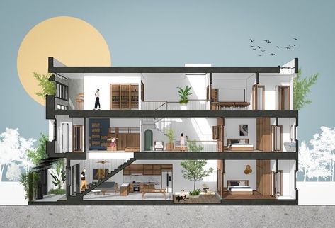 Interior Architecture Presentation, Section Perspective, House Section, Narrow House Designs, Architectural Rendering, Interior Design Presentation, Narrow House, Architecture Collage, Architectural Section