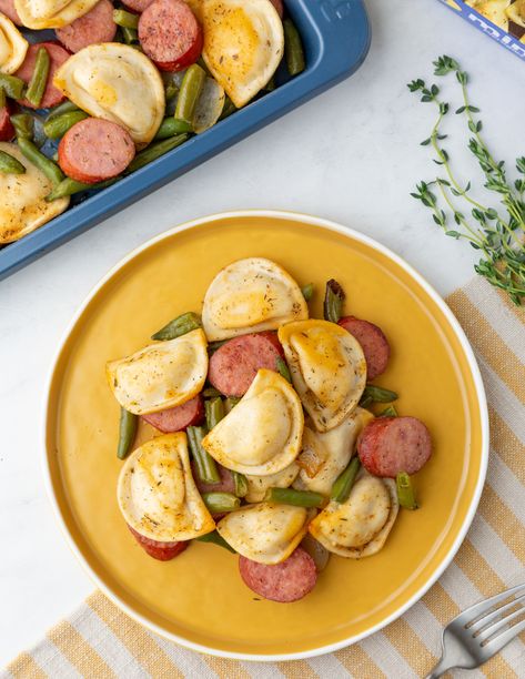 Sheet Pan Meal with Pierogies, Kielbasa and Green Beans - Mrs. T's Pierogies Sausage And Pierogies Sheet Pan, Kielbasa And Green Beans, Sausage Pierogies, Perogies Dinner Ideas, Pan Green Beans, Pierogies And Kielbasa, Greek Recipe, Pierogi Recipe, Beans And Sausage