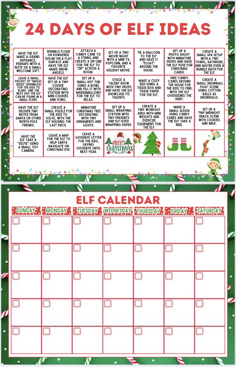 Ready to spark some pre-Christmas excitement? Check out our '24 Days of Elf Ideas Calendar', filled with clever and playful elf scenarios for each day of December leading up to Christmas! Plus, get creative with our free blank elf calendar, perfect for jotting down your own elfish plans. Both are designed to help you build anticipation and joy for the holidays. Download now and start a new family tradition! Elf On The Shelf Ideas Calendar, Elf On The Shelf Idea Calendar, 24 Days Of Christmas Ideas, Easy Elf On The Shelf Calendar, Elf Calendar Of Ideas, Elf On The Shelf Calendar Of Ideas, Elf Bringing Advent Calendar, 24 Days Of Elf On The Shelf, Elf Brings Advent Calendar