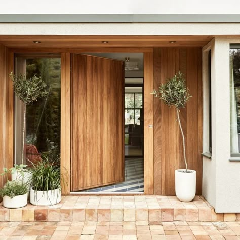 Contemporary Front Doors, Terracotta Tile, Door Picture, Terracotta Floor, Contemporary Doors, Hardwood Doors, Modern Rustic Decor, Natural Pigments, Casa Exterior