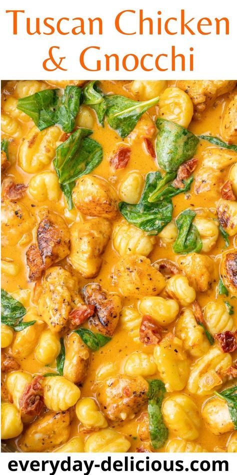 This creamy Tuscan chicken with gnocchi makes a delicious family-friendly dish. Tender and juicy diced chicken in a creamy sun-dried tomato sauce with spinach, served with gnocchi. You’ll love this quick and easy 30-minute meal! Chicken With Gnocchi, Chicken Zucchini Pasta, Chicken And Gnocchi, Gnocchi Recipes Easy, Squash Sauce, Gnocchi Dishes, Creamy Tuscan Chicken, Butternut Squash Sauce, Sun Dried Tomato Sauce