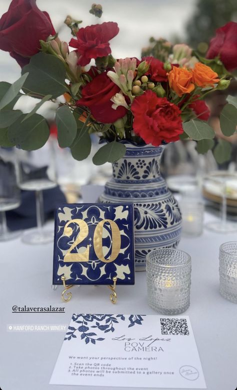 Red Mexican Wedding Theme, Talavera Table Numbers, Talavera Wedding Centerpiece, Modern Mexican Wedding Ideas, Mexican Anniversary Party Ideas, Talavera Quinceanera, Mexican Talavera Party, Talavera Party Ideas, Vintage Mexican Wedding Decorations