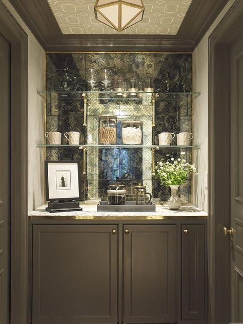 Backsplash Gray Cabinets, Mirror Backsplash Bar, Glass Bar Shelves, Coffee Bar Inspiration, White Bar Cabinet, Antique Mirror Backsplash, Mirrored Backsplash, Leaded Glass Cabinets, Wet Bar Cabinets