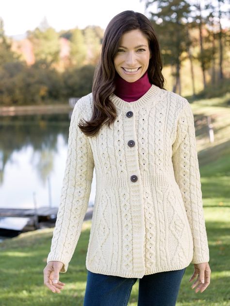 Women's Irish Wool A-Line Cardigan Irish Cardigans, Irish Moss Stitch, Aran Cardigan, Irish Sweater, Asymmetrical Cardigan, Vermont Country Store, Shawl Collar Cardigan, Sweater Outfit, Merino Wool Cardigan