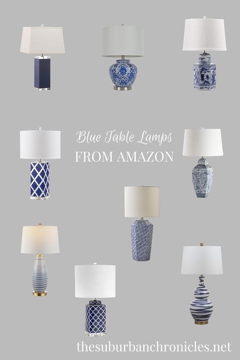 Blue Bedside Lamps, Blue And White Lamps Living Room, Best Lamps For Bedroom, Blue Lamps Living Room, Blue Lamps Bedroom, White Table Lamp Living Room, Navy Blue Lamp, White Buffet Table, Blue Lamp Base