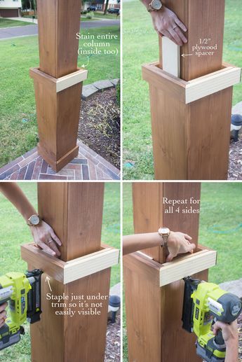 How to wrap existing porch columns in stained wood and build a craftsman style base unit to add character and curb appeal to your front porch. Craftsman Style Porch, Front Porch Posts, Porch Pillars, Front Porch Columns, Front Porch Makeover, Blue Interiors, Porch Tile, Porch Remodel, Porch Columns