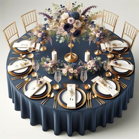 Navy And Gold Wedding Reception, Gold And Navy Decorations, Royal Blue Gold Table Setting, Navy Blue Gold Centerpieces, Silver Table Cloth, Bronze Navy Wedding, Champagne And Navy Blue Wedding Decor, Blue Gold Wedding Decor, Blue And Gold Event Decor