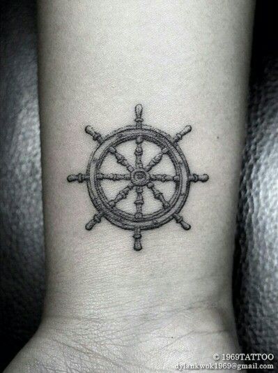 Dharma Wheel Tattoo Design, Helm Tattoo, Ship Wheel Tattoo, Captain Of My Soul, Wheel Tattoo, Hawk Tattoo, Sailor Tattoos, Pirate Tattoo, Mens Shoulder Tattoo