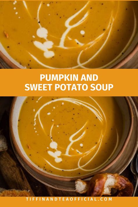 Roast Pumpkin and Sweet Potato Soup Pin image Pumpkin And Ginger Soup, Pumpkin Sweet Potato Soup, The Best Soup, Creamy Soup Recipes, Best Soup, Easy Weekday Meals, Starter Recipes, Pumpkin Soup Recipe, Wholesome Recipes