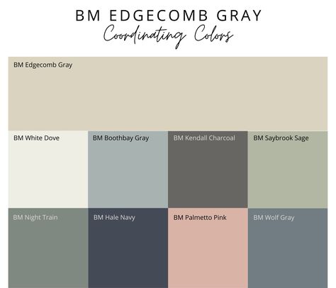 Whole House Color Palette Edgecomb Gray, Edgecomb Gray And Green, Edgecomb Gray Benjamin Moore Palette, Edgecomb Gray Complimentary Colors, Edgecomb Grey Color Palette, Edgecomb Grey Coordinating Colors, Boothbay Gray Benjamin Moore Coordinating Colors, Edgecomb Gray Coordinating Green, Edge Comb Grey Benjamin Moore