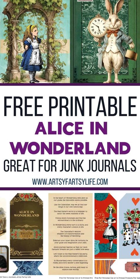 Dive into a world of whimsy with our new Alice in Wonderland free printable collage sheets. Perfect for art journals and bullet journals, these printables bring the magic of Lewis Carroll's story to your crafts. Original Alice In Wonderland Art, Junk Journal Alice In Wonderland, Alice In Wonderland Journal Pages, Alice In Wonderland Paper Crafts, Free Alice In Wonderland Printables, Free Printable Collage Sheets, Alice In Wonderland Junk Journal Ideas, Free Collage Printables, Collage Sheets Free Printables