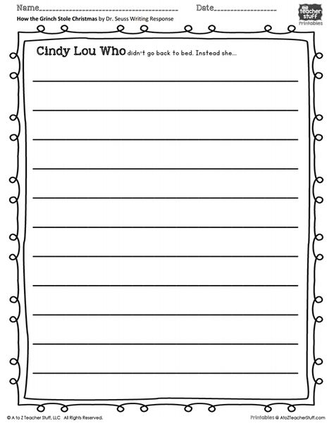 How the Grinch Stole Christmas Writing Prompt Printable.. What if Cindy Lou Who did not go back to bed? Grinch Writing Prompts, Worksheets For Third Grade, Writing Prompts Book, Holiday Writing Prompts, Christmas Writing Prompts, Christmas Essay, Elementary Writing Prompts, Free Writing Paper, Elementary Worksheets